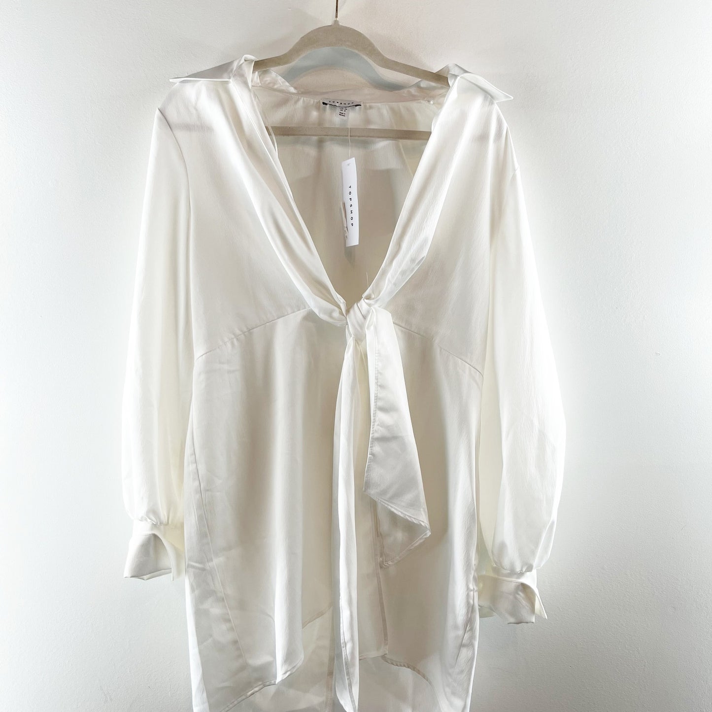 Topshop Long Sleeve Mini Twist Front Satin Shirt Dress White 12