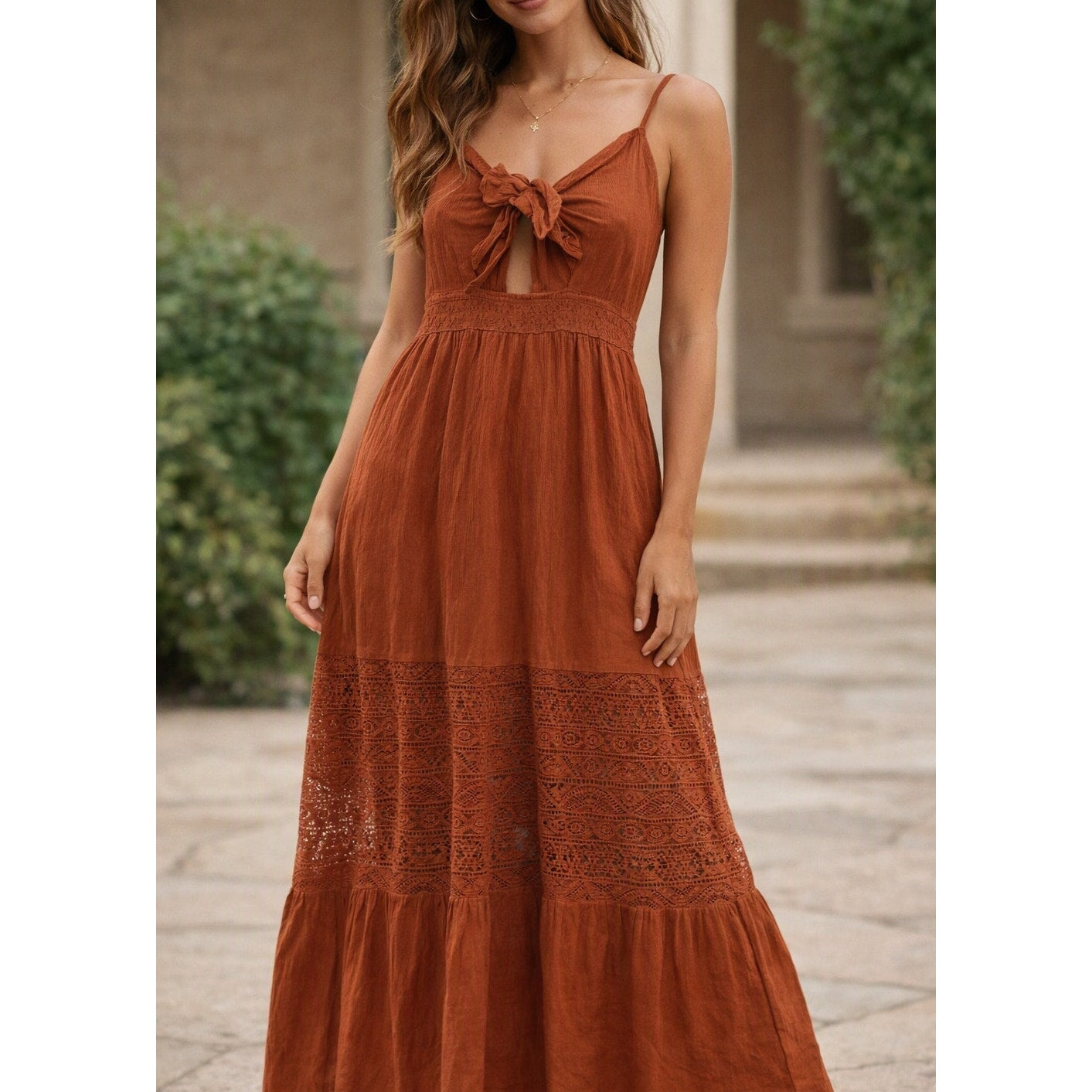 American Eagle Tie Front Crochet Maxi Dress Burnt Orange Rust Small – Baystate Boutique & Consignment