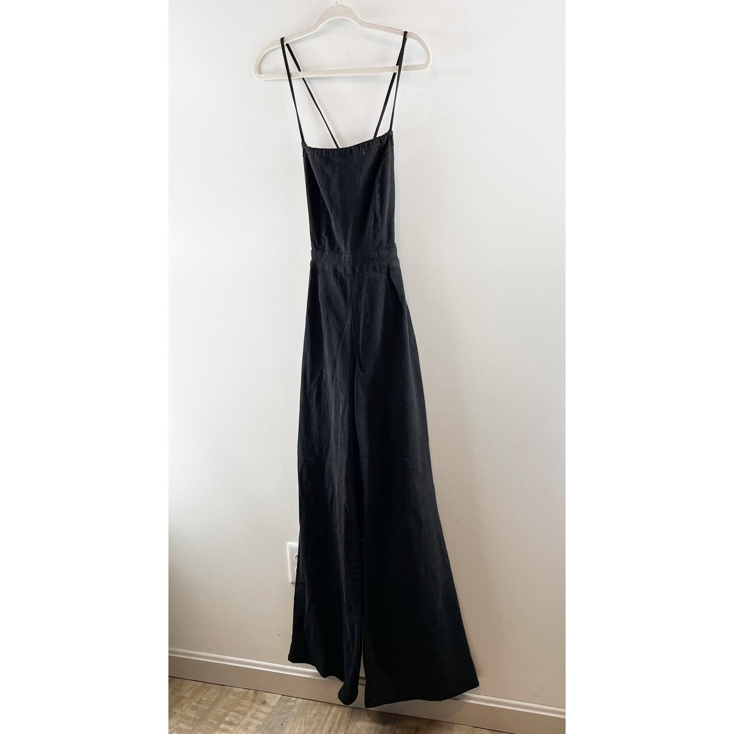 Good American Vacay Palazzo Strappy Back Wide Leg Denim Jumpsuit Black Large
