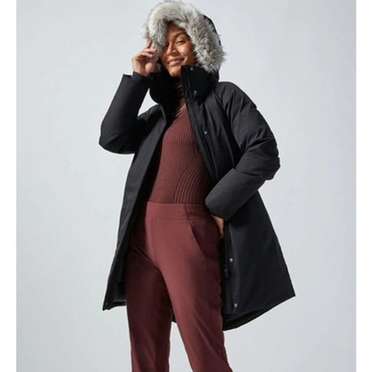 Athleta Rainout Outbound Faux Fur Hood Parka Coat Jacket Black XXS