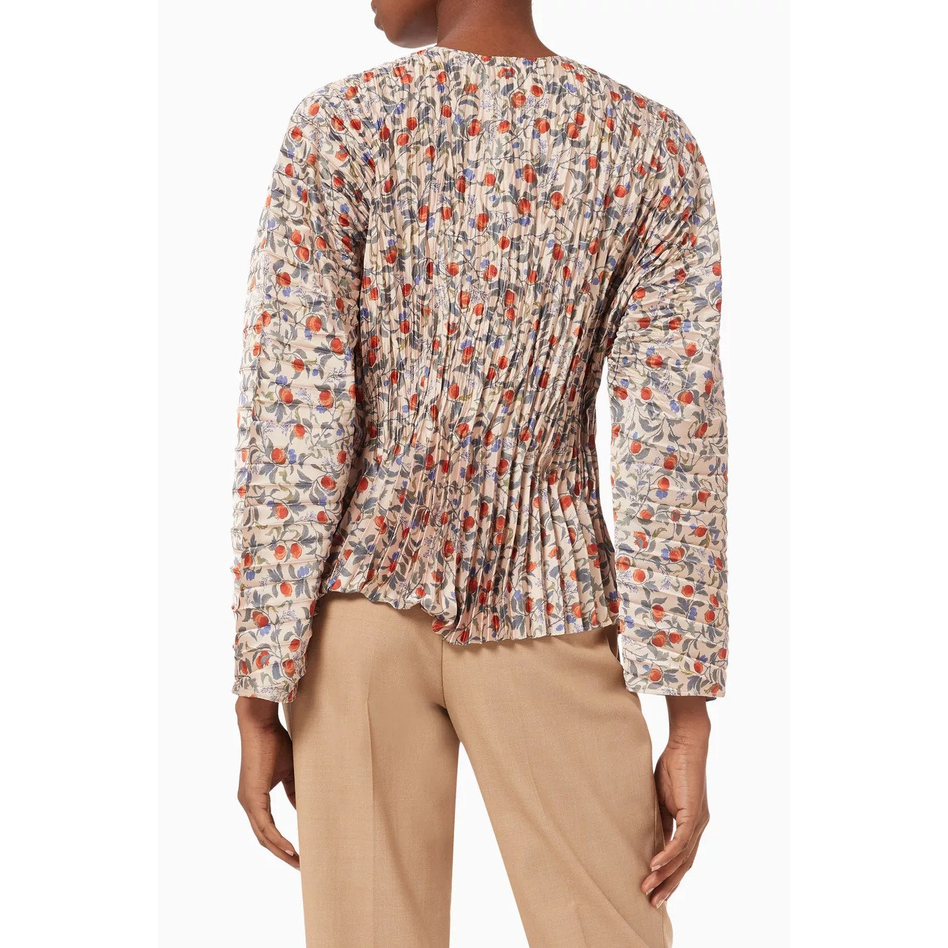 Vince Pomegranate Print Long Sleeve Keyhole Neck Pleated Blouse Chamois Small