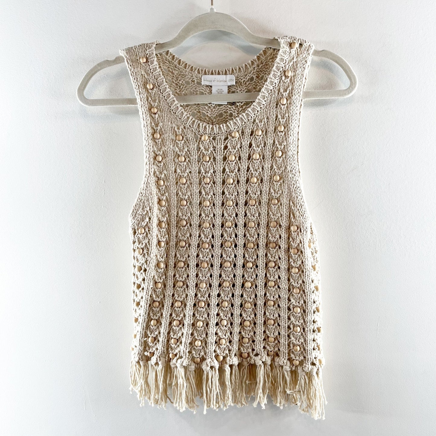 House of Harlow Wood Bead Beaded Fringe Hem Crochet Tank Top Tan XS