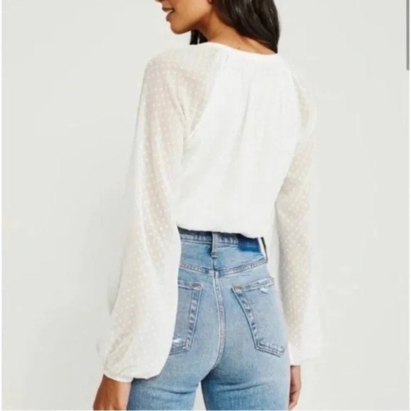 Abercrombie Sheer Balloon Long Sleeve Button Front Blousson Bodysuit White XL