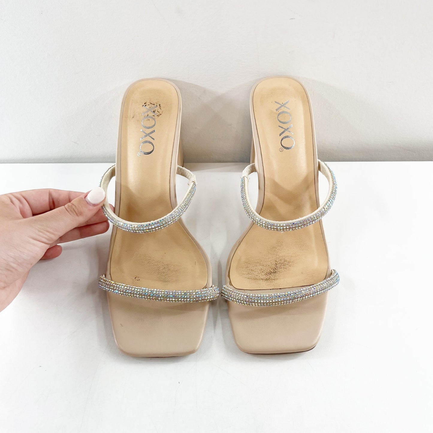 XOXO Folee Double Rhinestone Square Toe Block Heel Sandals Nude 7.5