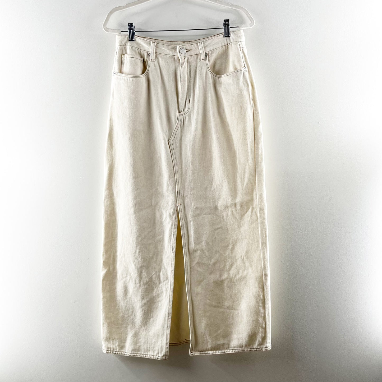 Blank NYC High Rise Cotton Denim Maxi Skirt Ecru Cream 27 / 4