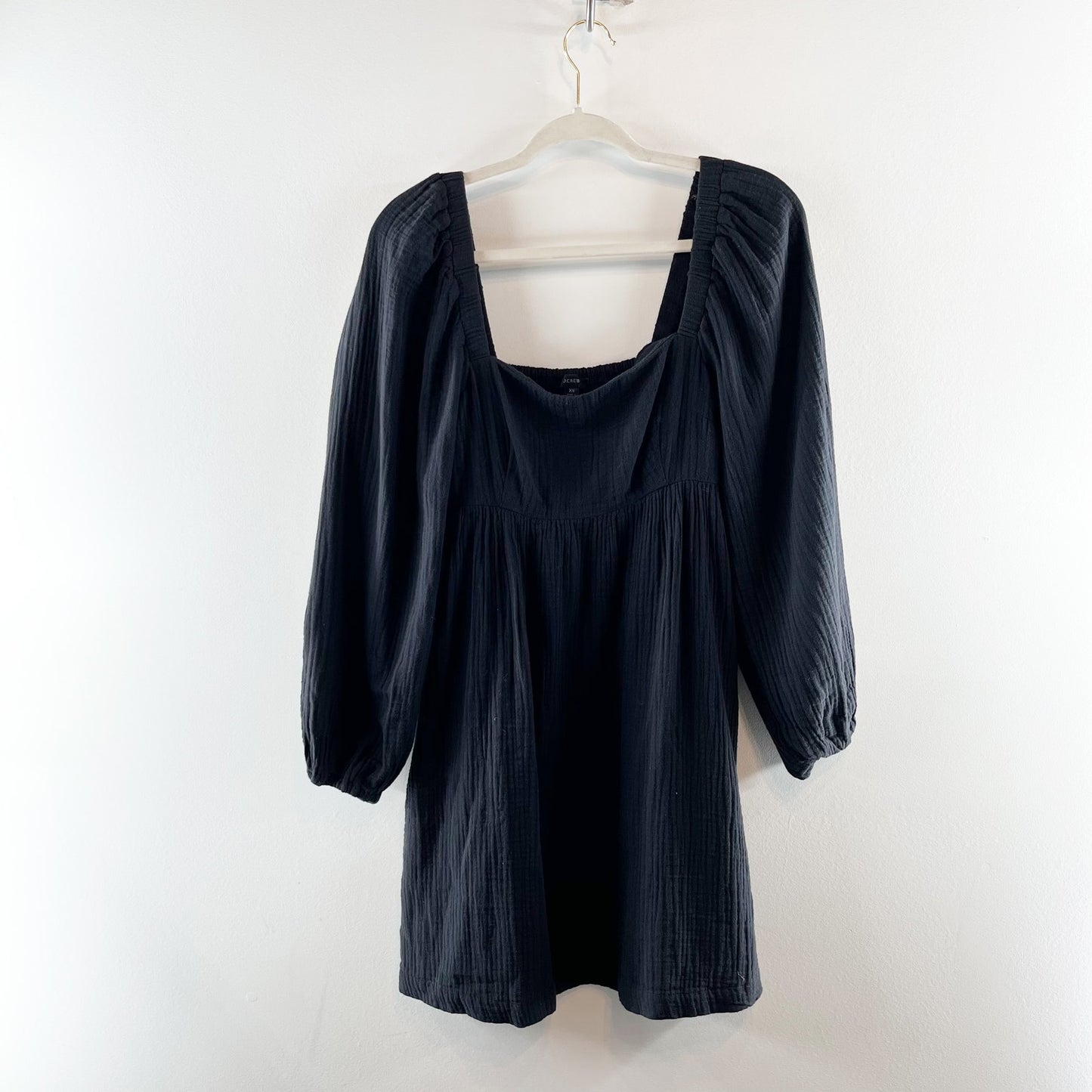 J. Crew Soft Gauze Cotton Long Sleeve Smocked Square-Neck Mini Dress Black XS