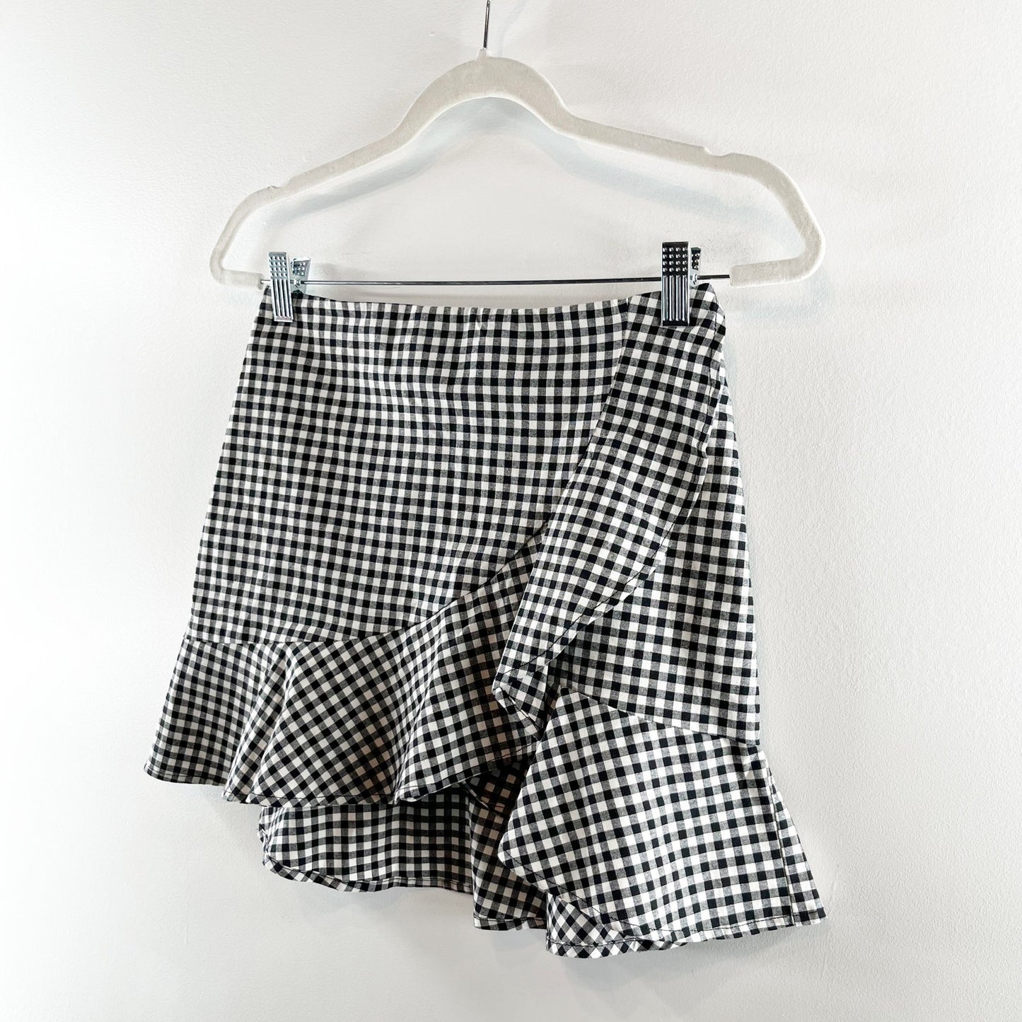 H&M Wrap Front Ruffle Hem Gingham Mini Skirt Black White 6
