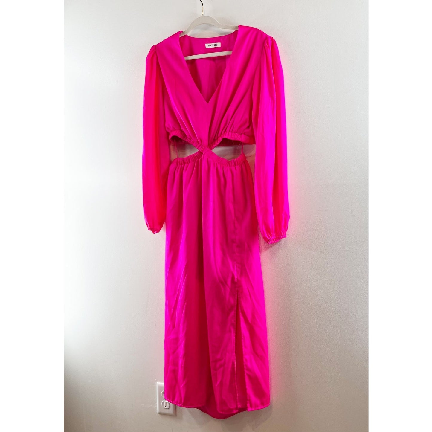 Steve Madden Cerys Long Sleeve Cutout Satin Midi Dress Pink Large