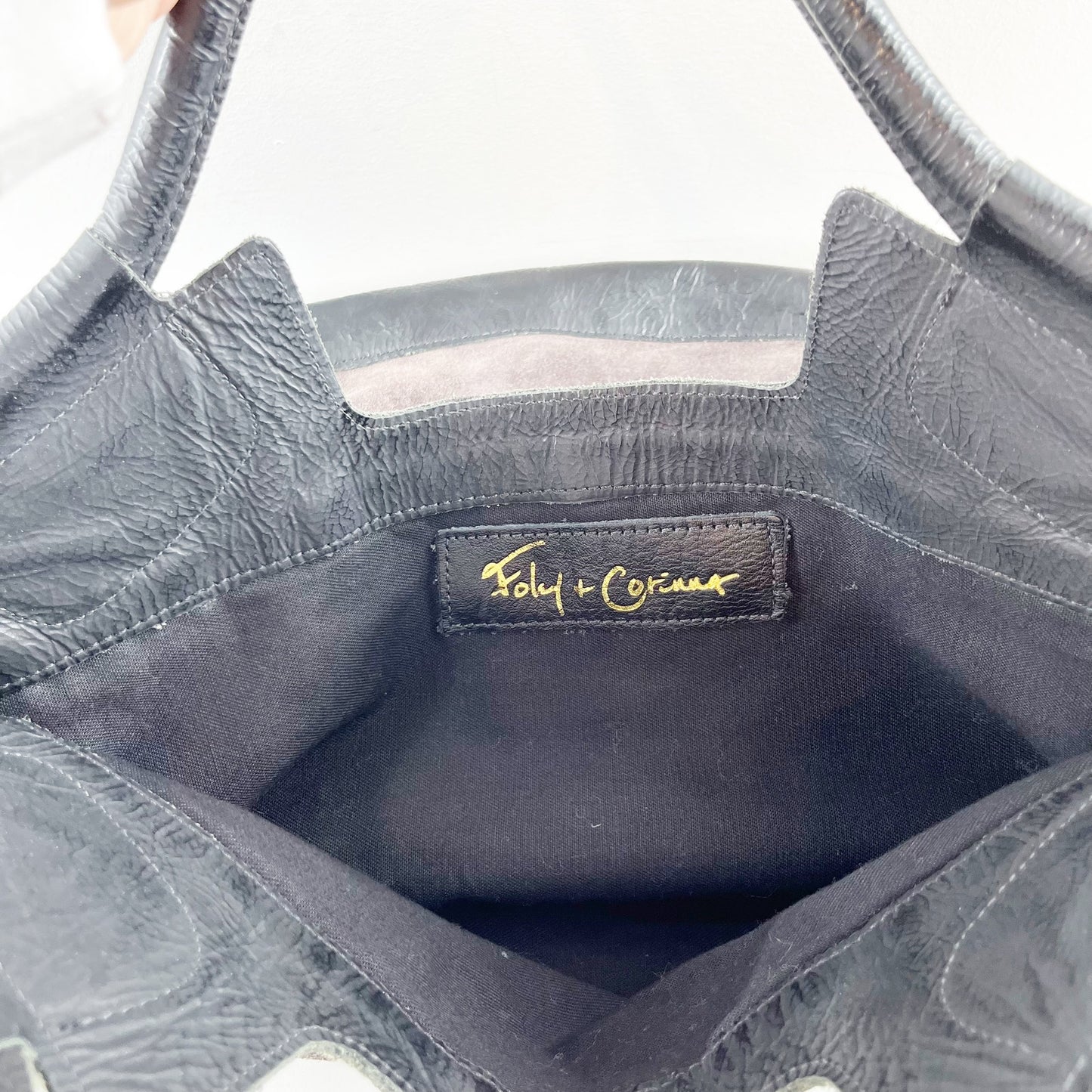 Foley + Corinna Fold Over Purse Handbag Brown Suede & Black Patent