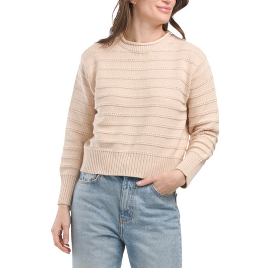 BRIT NY Long Sleeve Pointelle Neck Rib Knit Pullover Sweater Oatmeal Medium