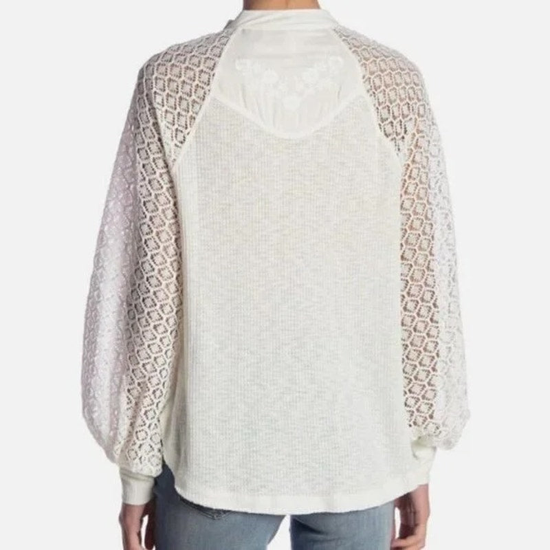 Free People Sweetest Thing Thermal Sheer Crochet Sleeve Top White Medium