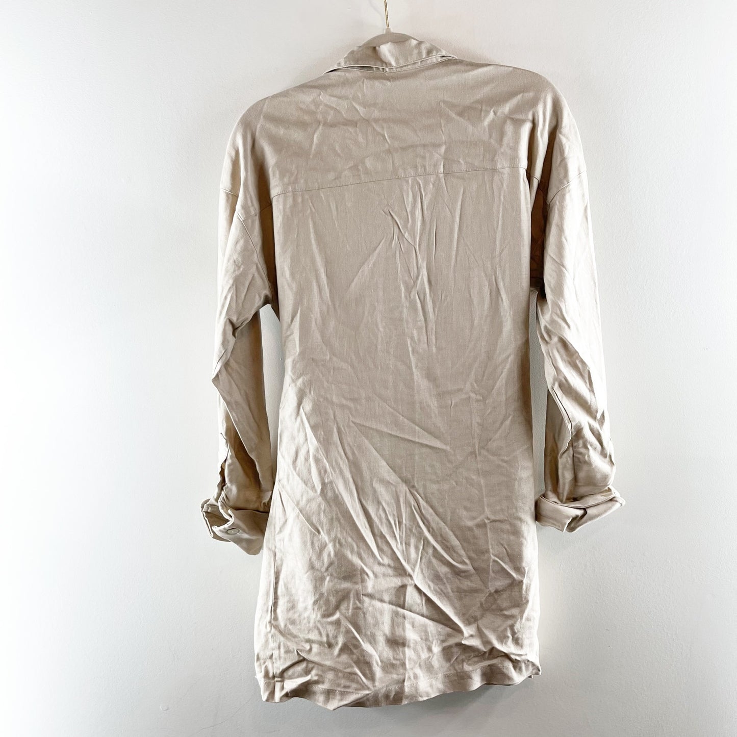 L'Academie Anette Long Sleeve Wrap Poplin Mini Dress Khaki Tan