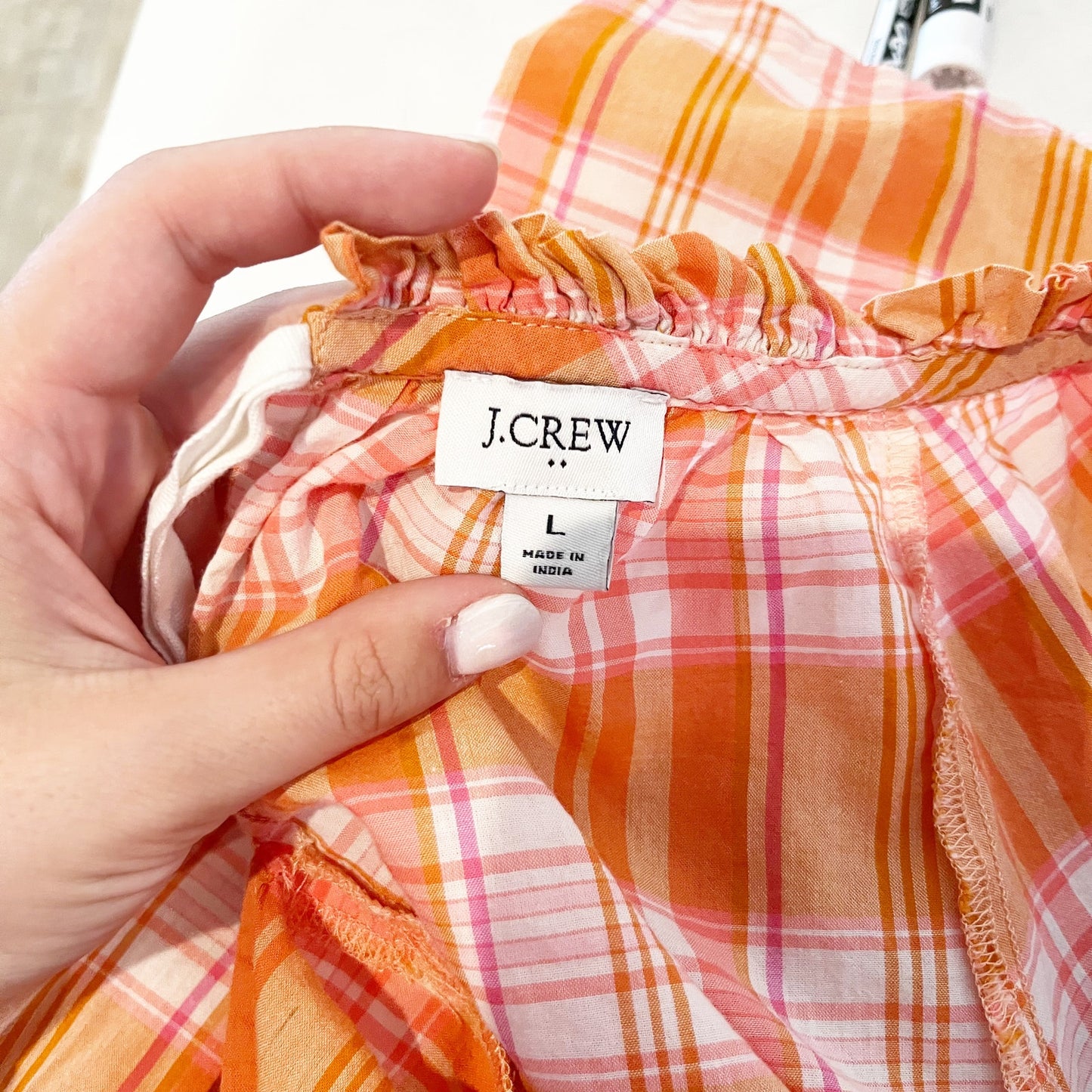 j. Crew Long Sleeve Ruffle Tie Back Plaid Cotton Blouse Top Orange Pink Large