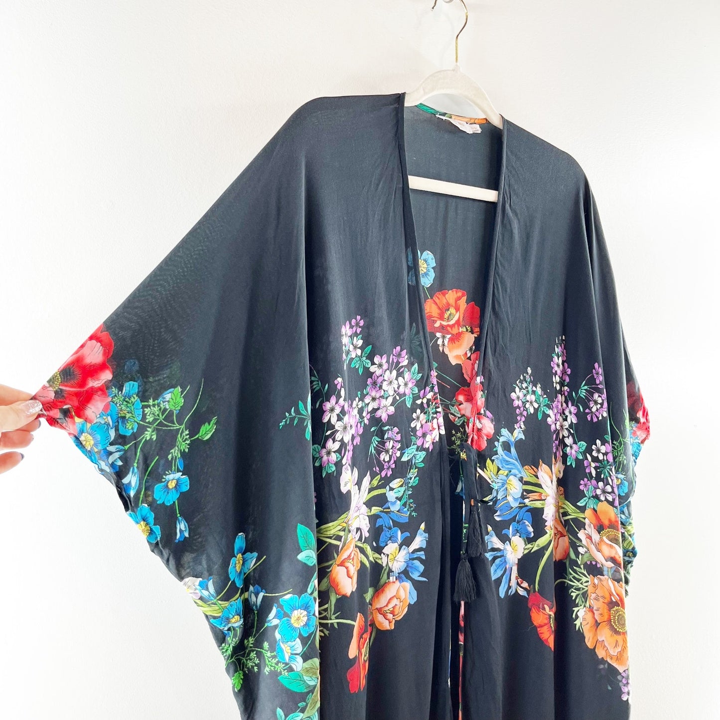 Johnny Was Flower Arch Short Sleeve Midi Kaftan Kimono Cover Up Dress Black S/M