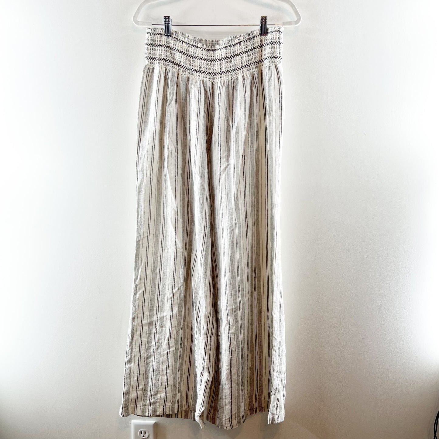 Rewash Smocked Waist Striped Wide Leg Linen Blend Pants White Blue XL