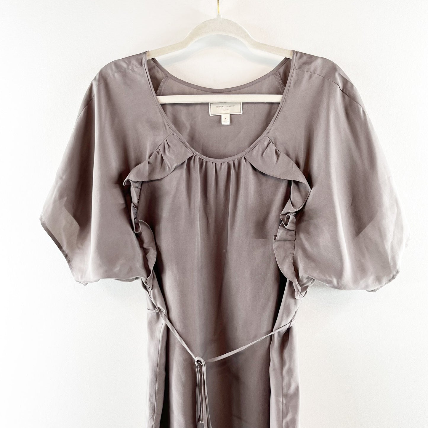 Moulinette Soeurs Short Puff Sleeve Belted Silk Mini Dress Dove Gray 6