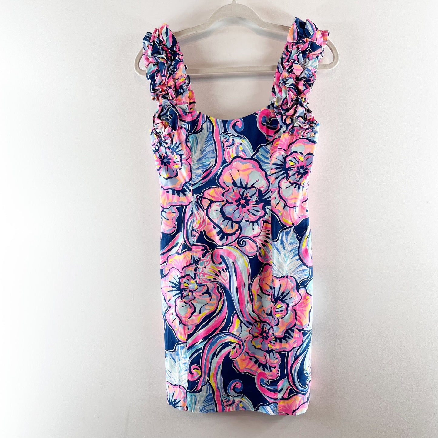 Lilly Pulitzer Devina Floral Ruffle Strap Stretch Mini Sheath Dress Navy Pink 00