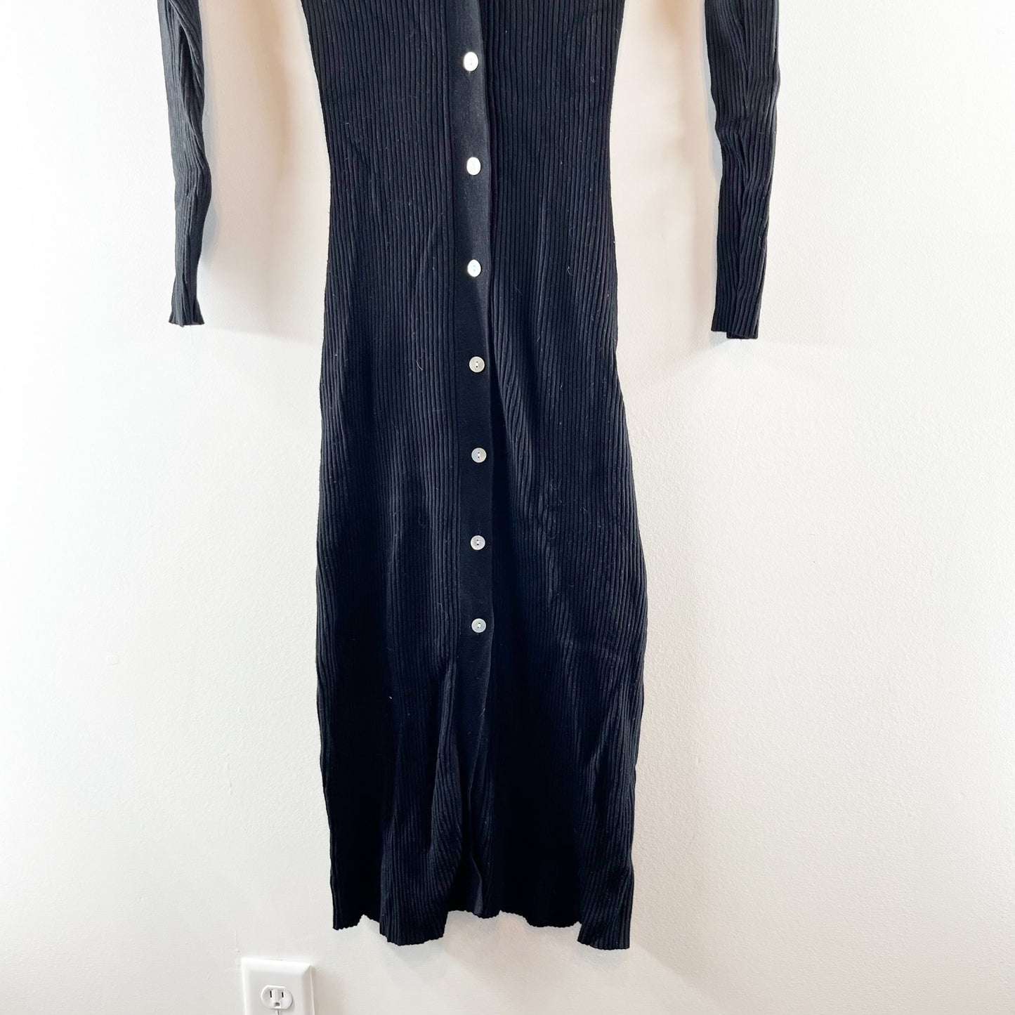 Evereve Ribbed V Neck Button Up Sweater Midi Dress Black XS