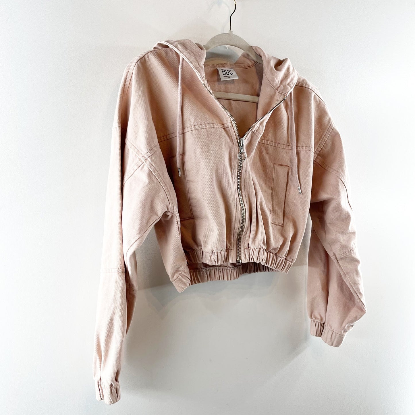 BDG Urban Outfitters Full Zip Cropped Hoodie Bomber Jacket Pink Tan Small