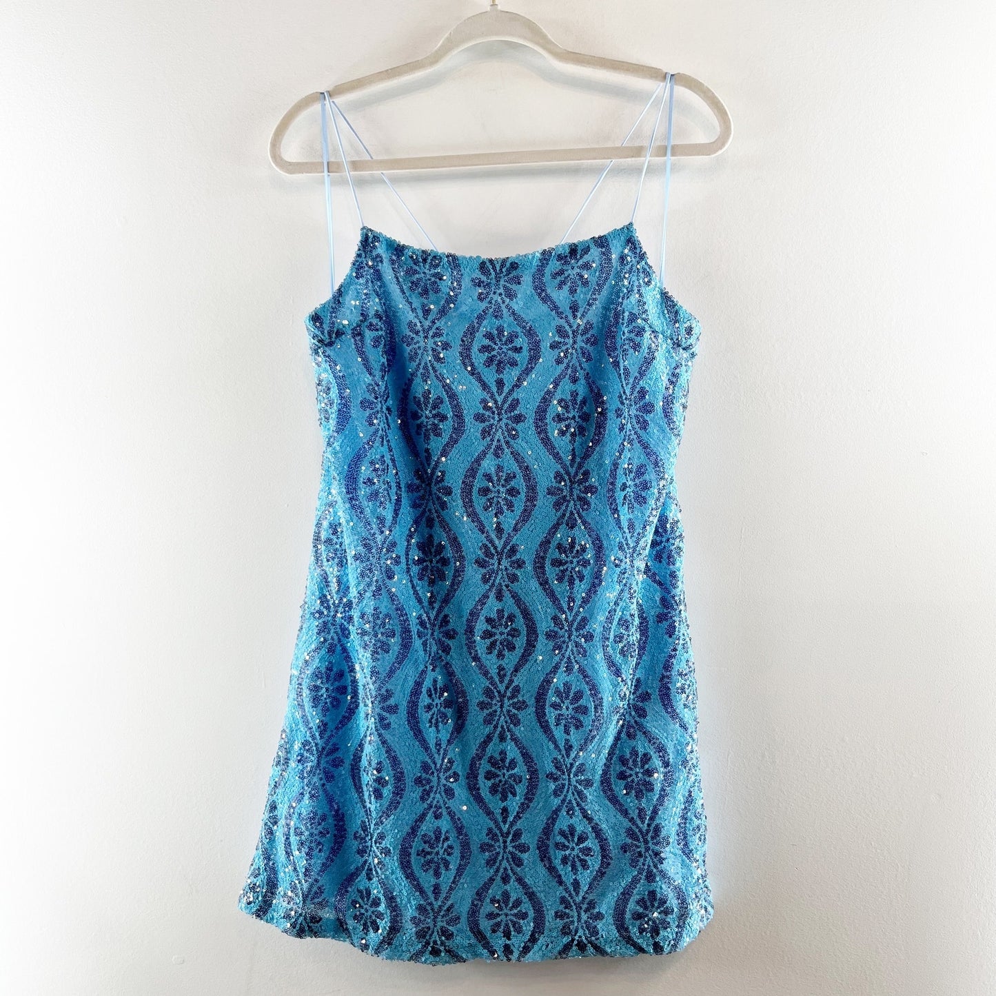 Free People Retro Babe Floral Sequin Square Neck Mini Slip Dress Blue XL