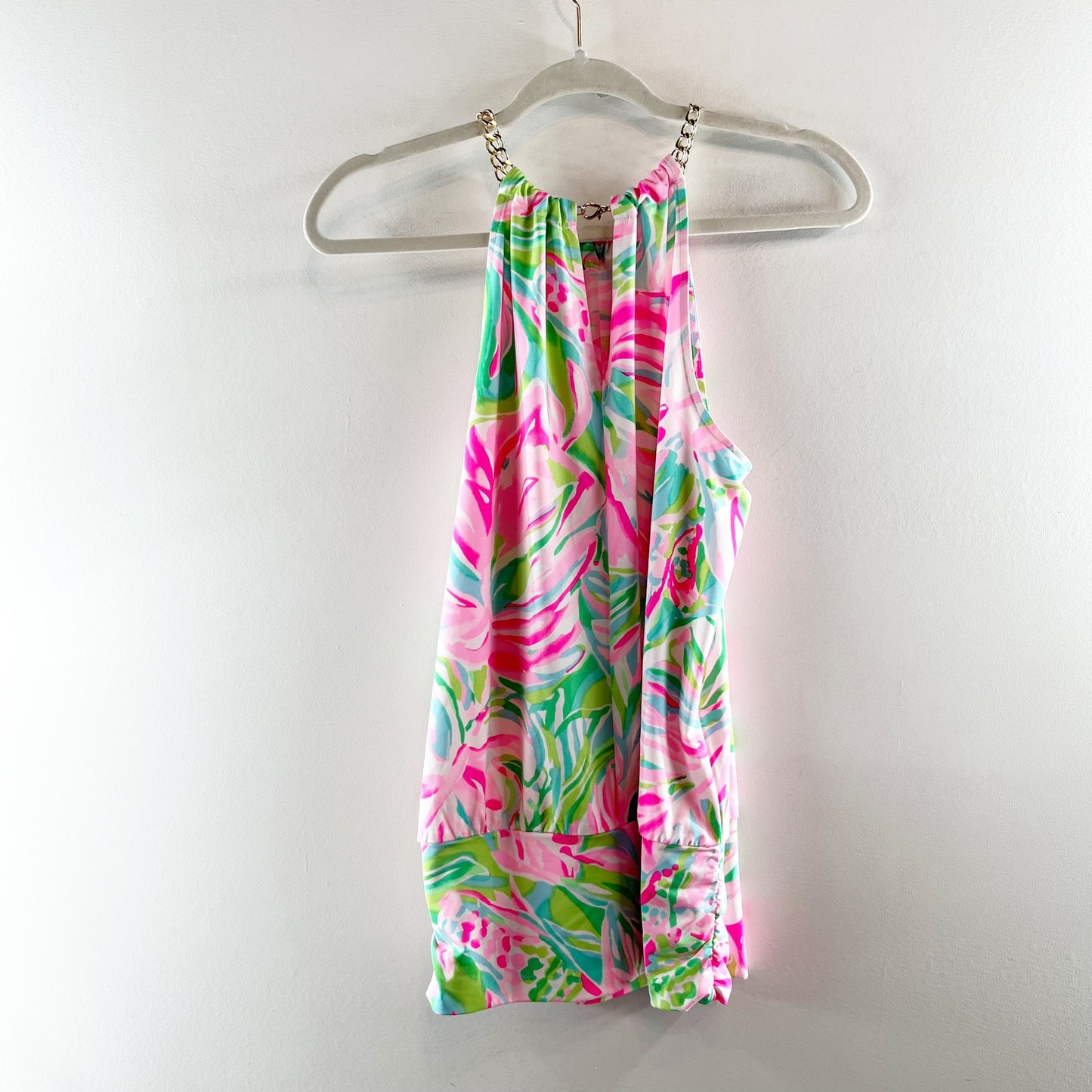 Lilly Pulitzer Bowen Sleeveless Halter Tank Top Carnivale Coral Pink Green Small