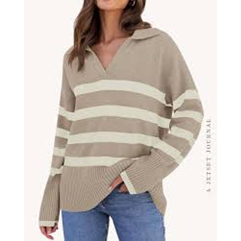 Zesica Long Sleeve V Neck Striped Polo Pullover Sweater Tan White Small