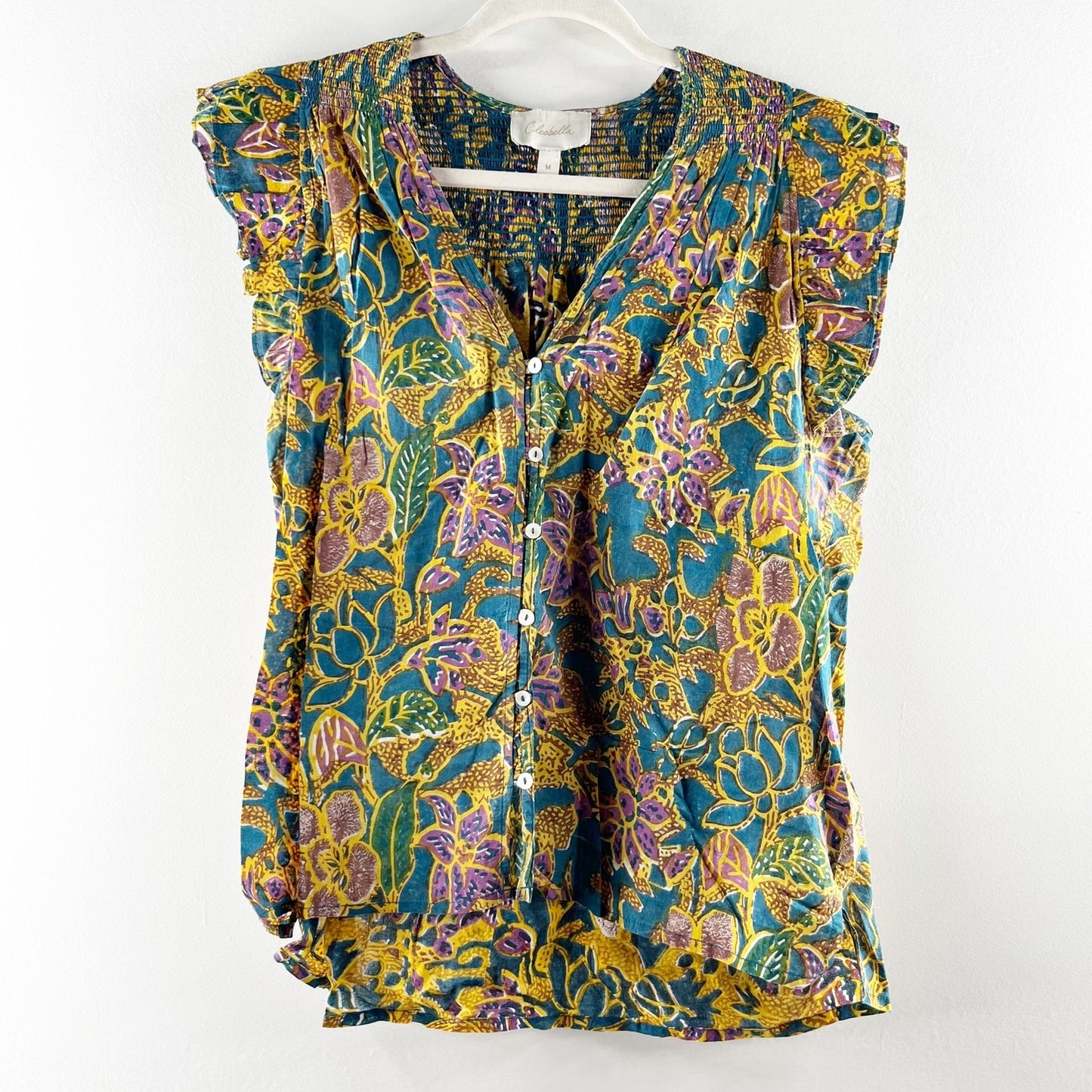 Cleobella Floral Button Up Cotton Chloe Shirt Top Blouse Green Yellow Medium