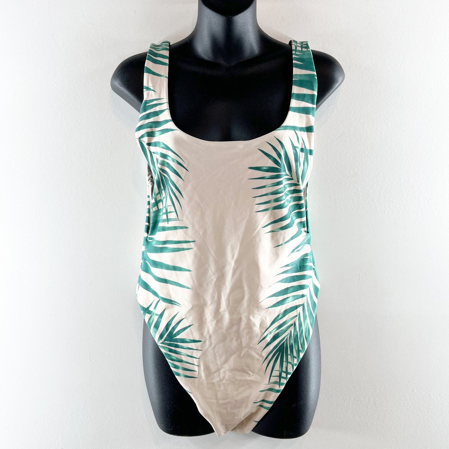 Aerie Tropical Palm Beach Print Super Scoop One-Piece Swimsuit Tan Green Large