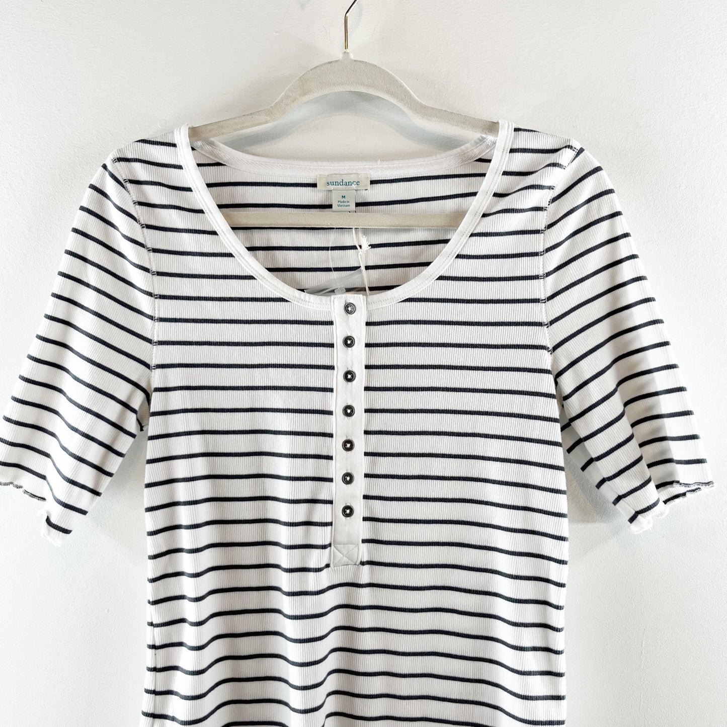 Sundance Cotton Striped Short Sleeve Scoopneck Henley Tee Shirt White Blue Small