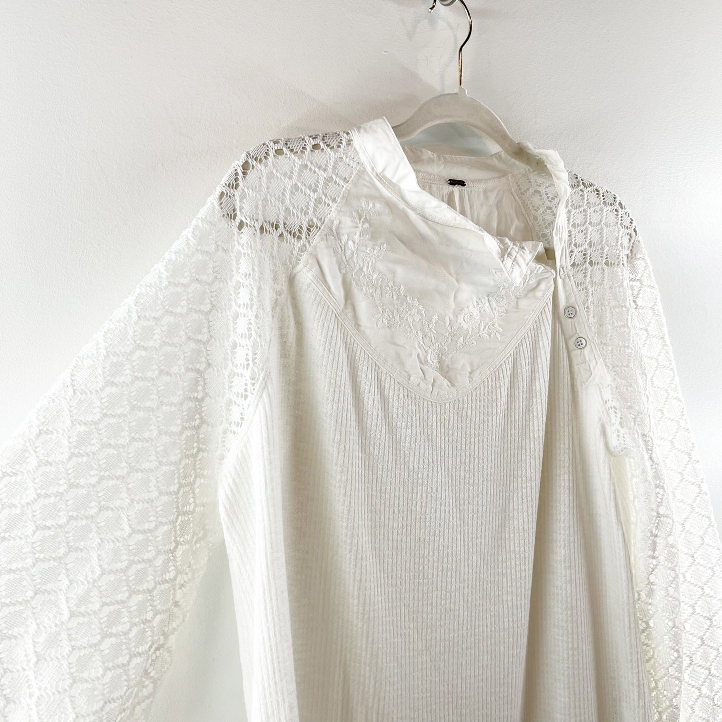 Free People Sweetest Thing Thermal Sheer Crochet Sleeve Top White Medium