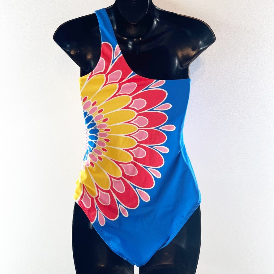 Boden Porto One Shoulder Flower Floral Rainbow One Piece Swimsuit Blue 6