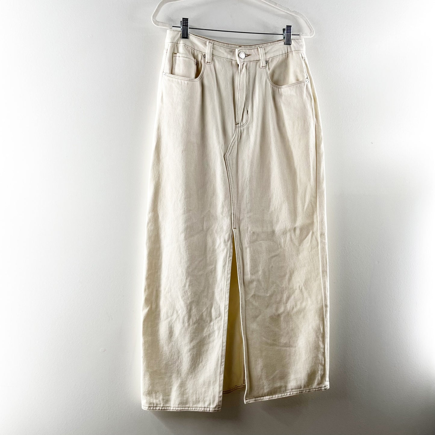 Blank NYC High Rise Cotton Denim Maxi Skirt Ecru Cream 27 / 4