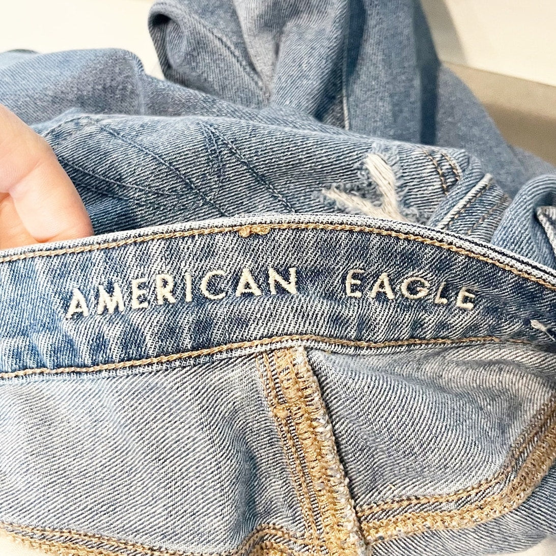 American Eagle High Rise Distressed Busted Knees Mom Jeans Blue 8