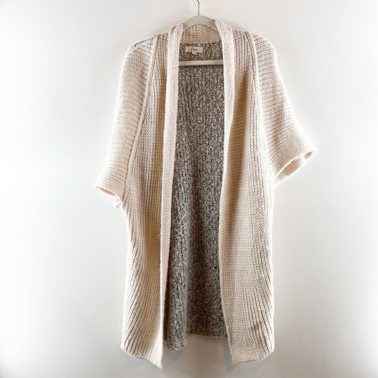 Elan Colorblock Short Sleeve Open Knit Sweater Cardigan Beige Gray One Size