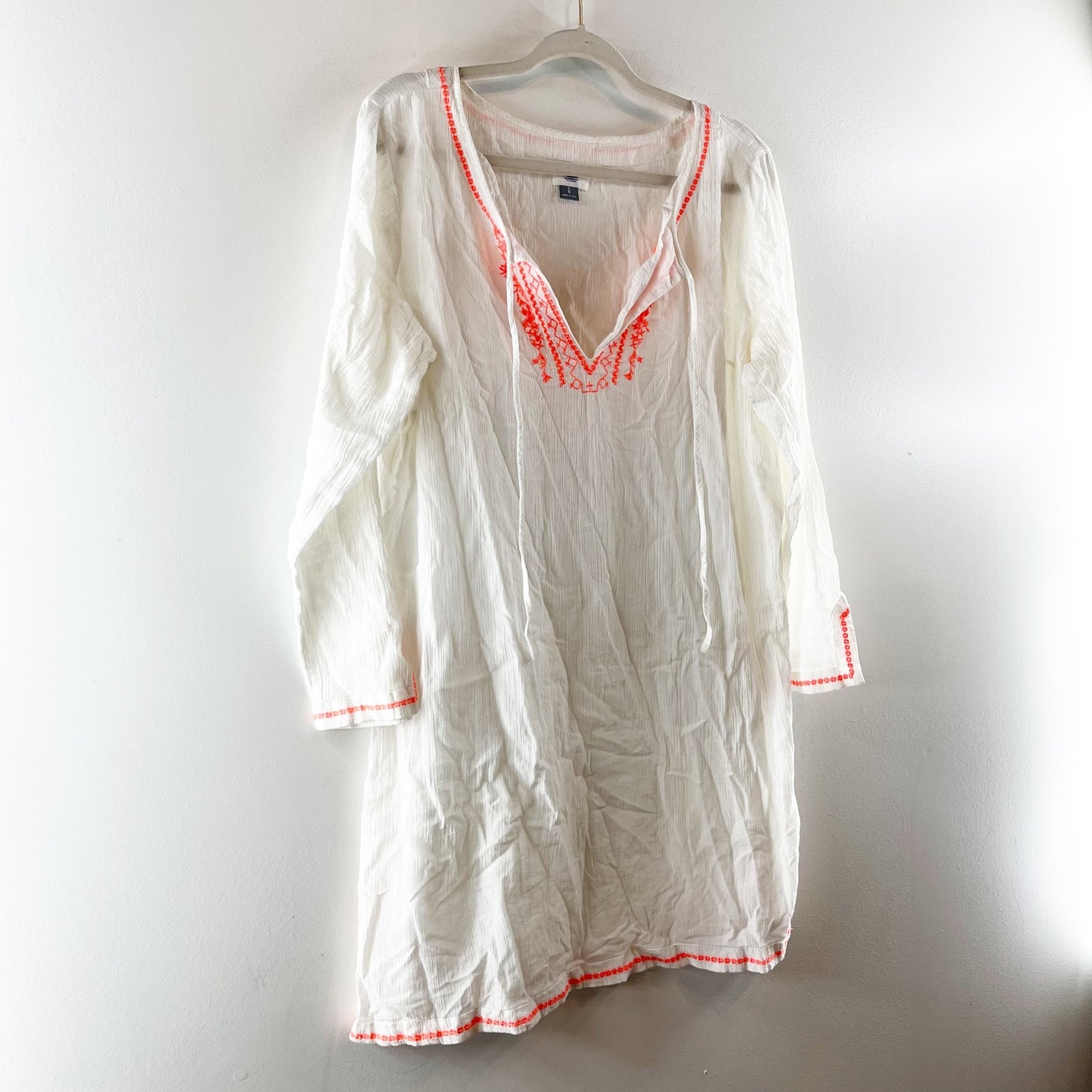 Old Navy Embroidered Gauze 3/4 Sleeve Swimsuit Coverup White Pink Large
