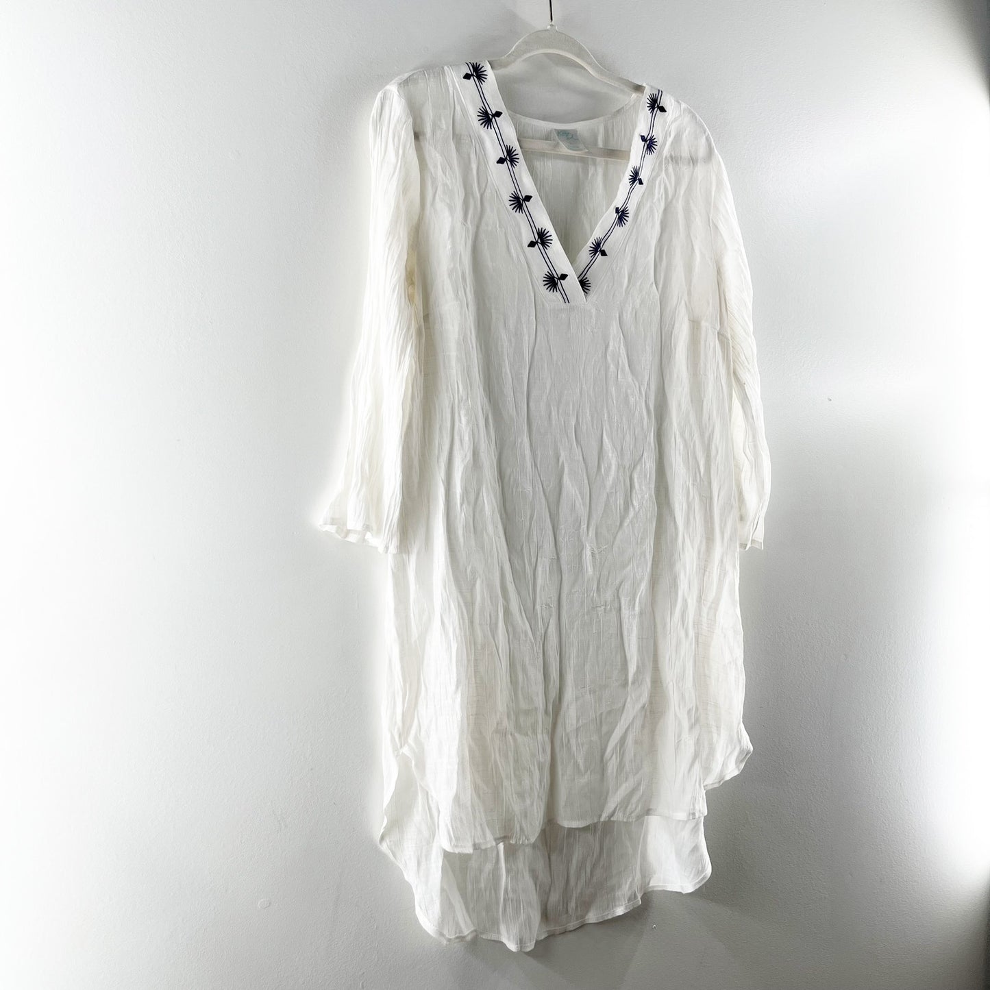 Kona Sol Sheer Embroidered Swim High Low Hem Cover Up Dress White Navy XL