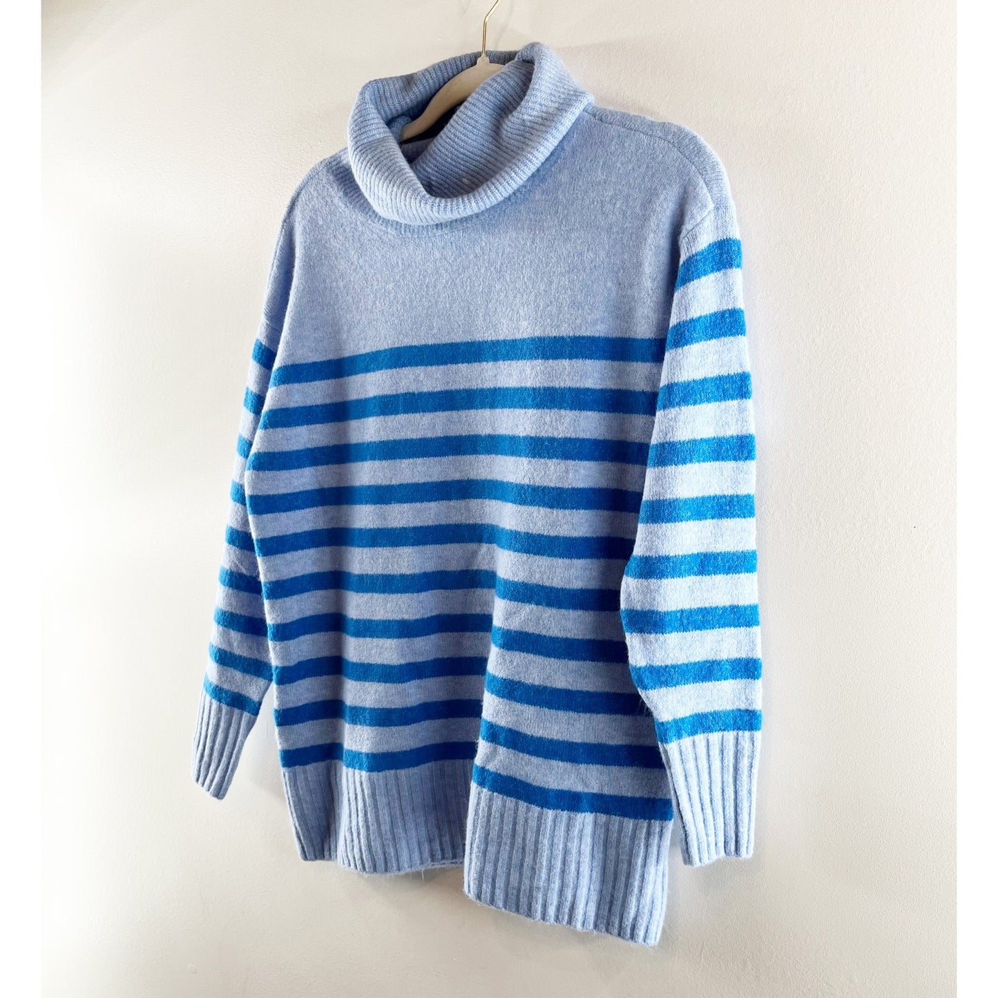 Loft Striped Long Sleeve Turtleneck Knit Pullover Tunic Sweater Blue Small
