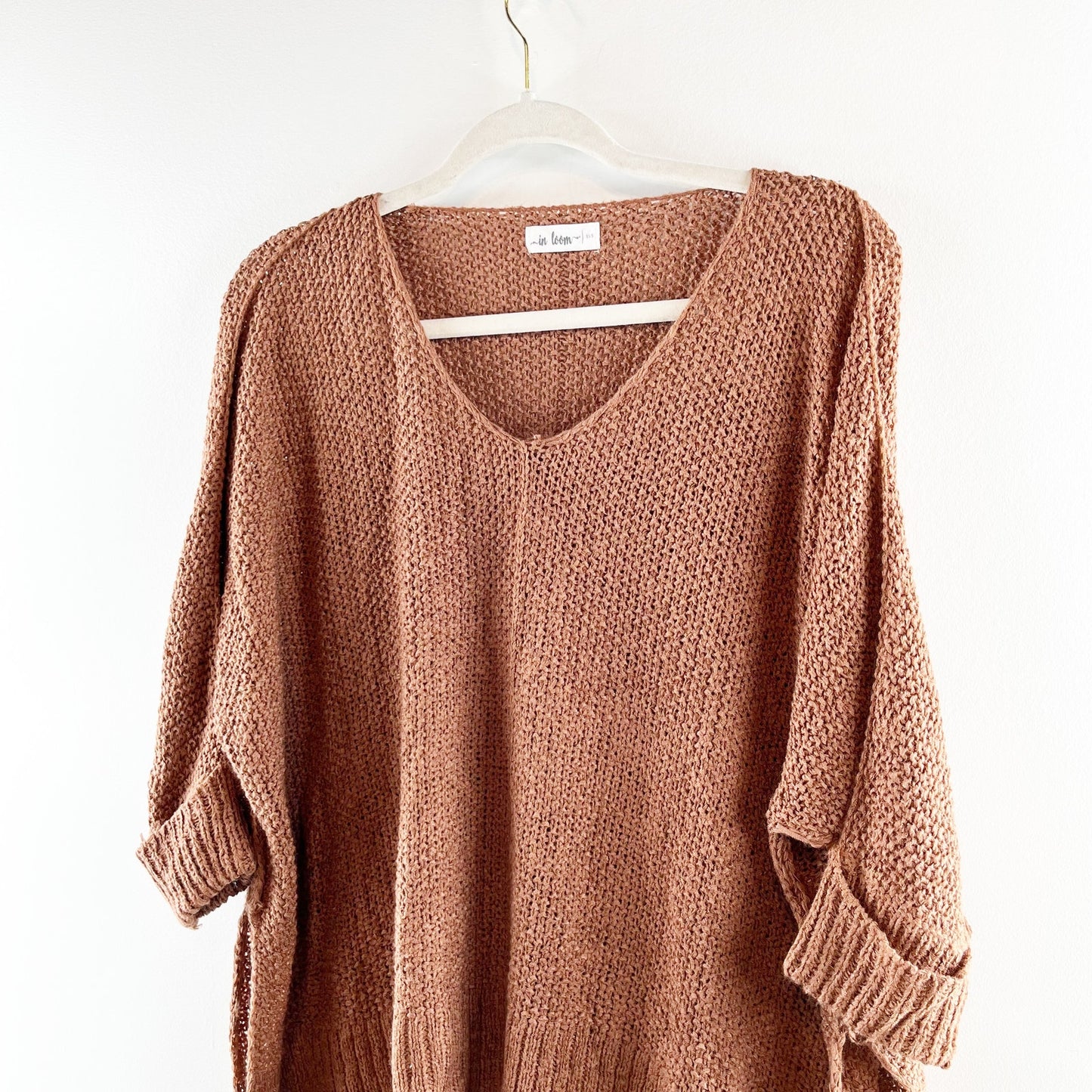In Loom V Neck Slouchy Crochet 3/4 Cuffed Sleeve Sweater Brown XS / S