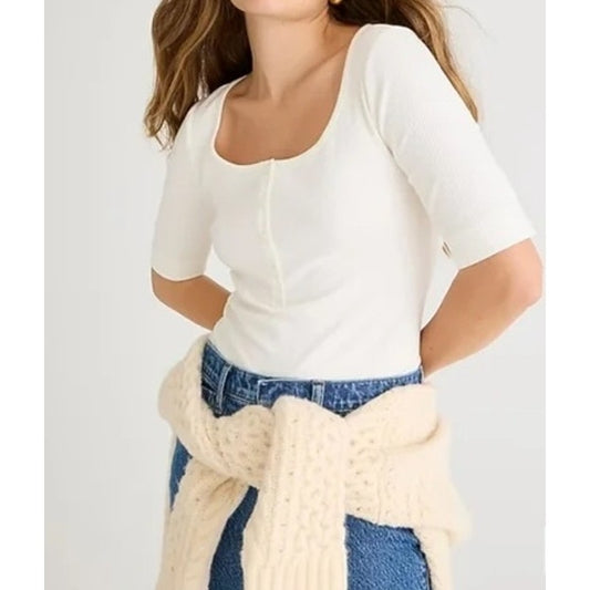 J. Crew Vintage Rib Henley Square Round Neck Short Sleeve Tee Shirt Ivory Medium