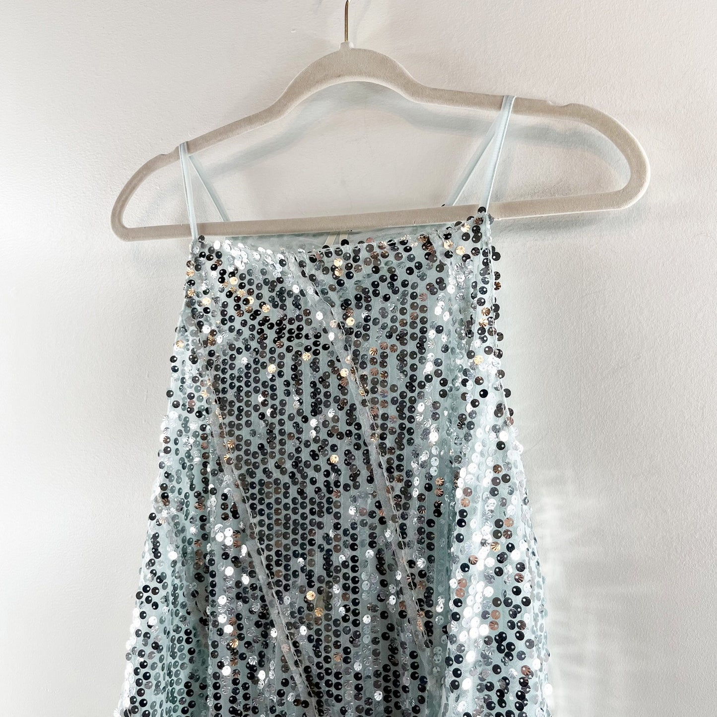 Anthropologie Sequin Square Neck Asymmetrical Hem Tank Top Blue XL
