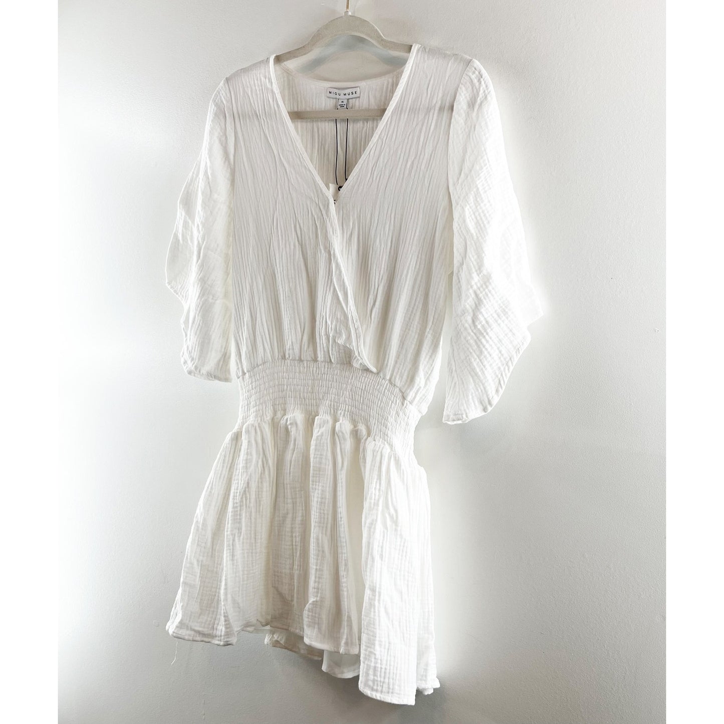 Miou Muse 3/4 Sleeve Surplice V-Neck Cover-Up Mini Dress Gauze White Small