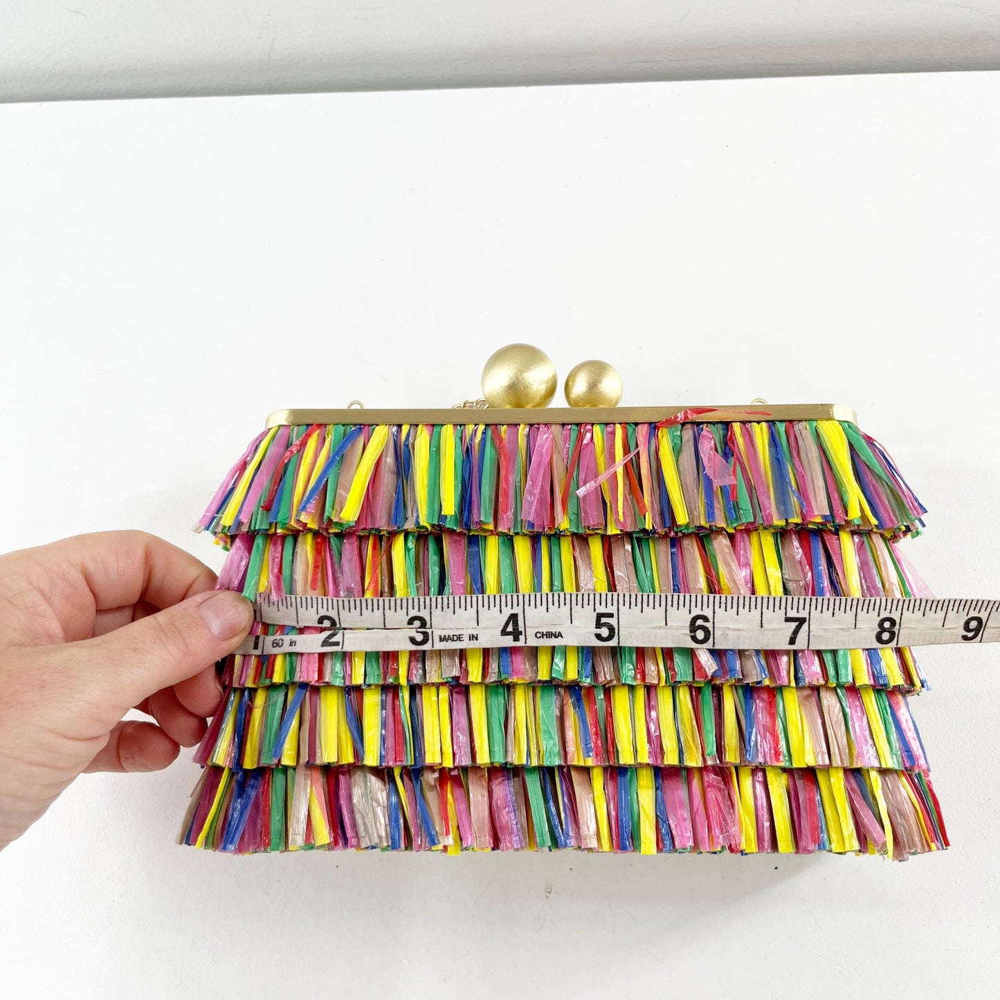 Olga Berg Carlita Carnivale Clutch Chain Crossbody Fringe Straw Bag Purse