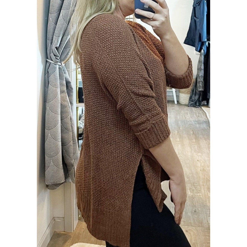 In Loom V Neck Slouchy Crochet 3/4 Cuffed Sleeve Sweater Brown XS / S