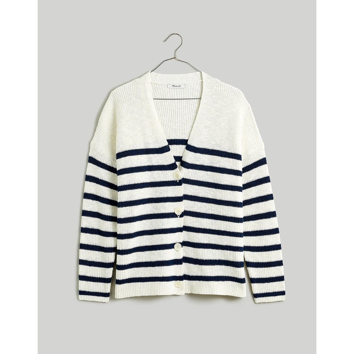 Madewell V-Neck Button-Front Striped Cardigan Sweater White Blue Small