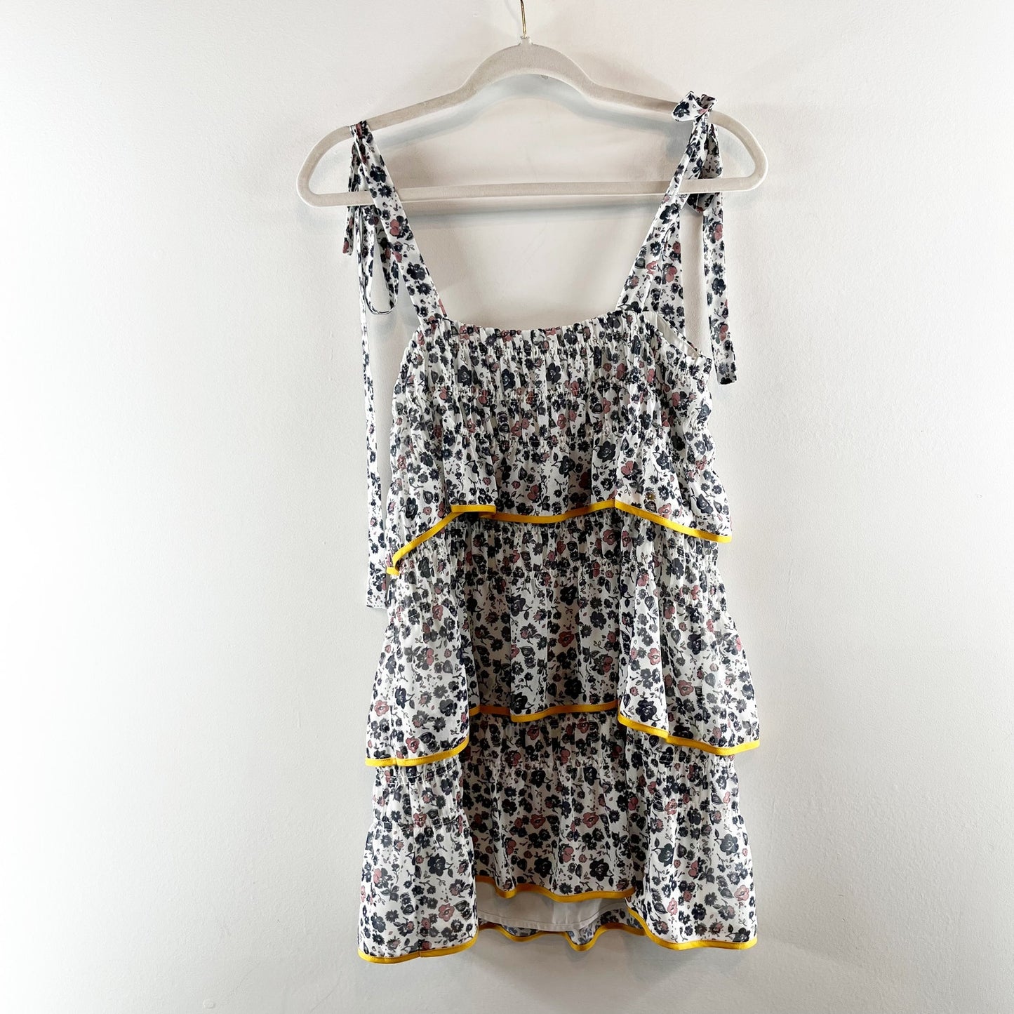 Tularosa Gloria Floral Tiered Ruffle Tie Strap Mini Dress White Blue XS