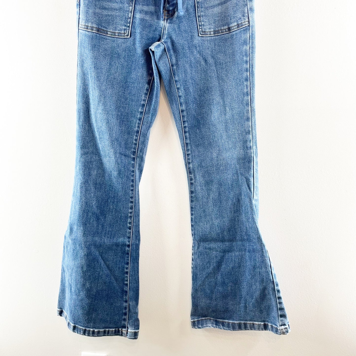 Risen Denim Mid Rise Flare Jeans With Drawstring and Front Pockets Blue 5 / 27