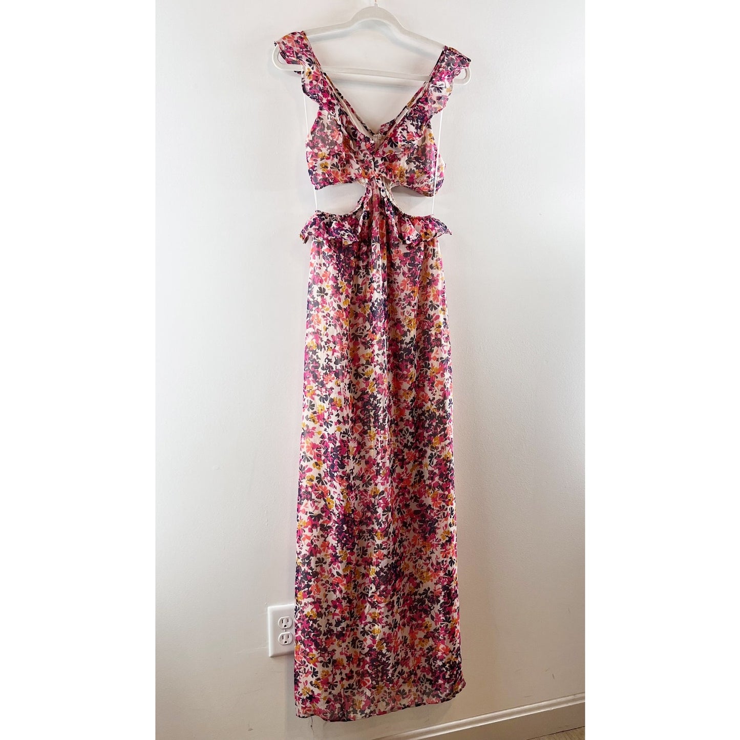 Dee Elly Floral Print Ruffle Trim Cut Out Chiffon Maxi Dress Purple Pink Small