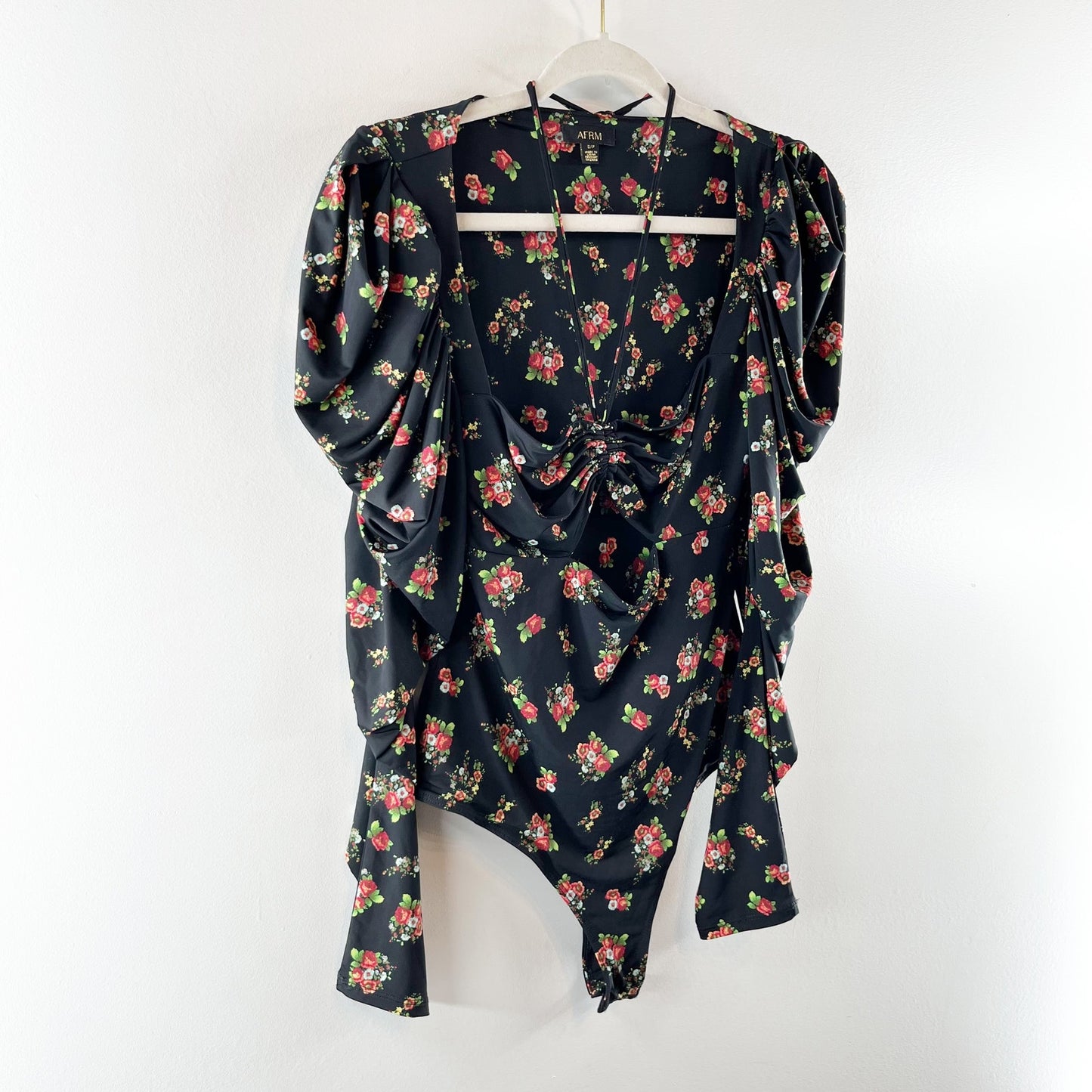 AFRM Coppelia Halter Neck Thong Bodysuit Noir Rose Garden Small