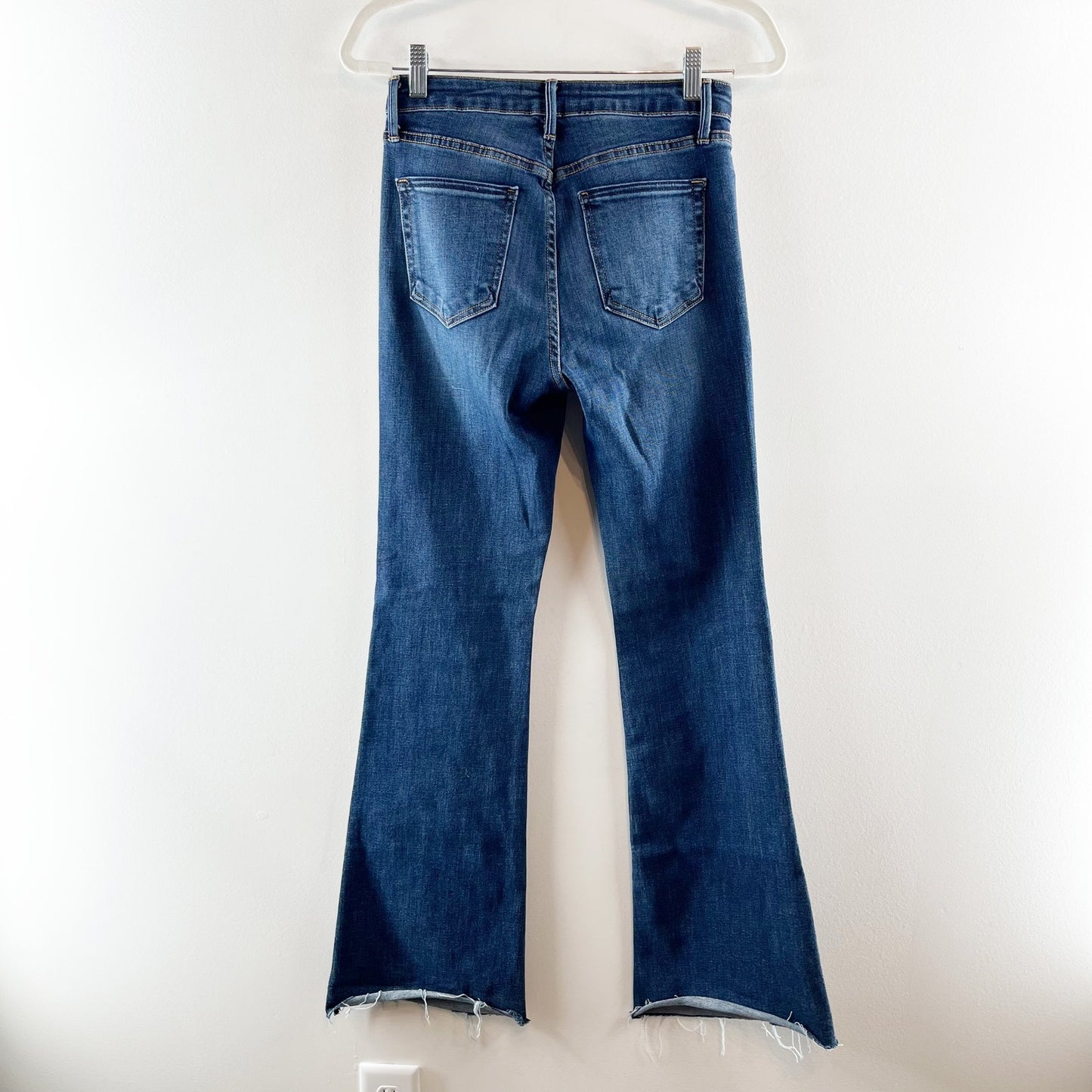 Just Black Denim The High Rise Fall Flare Raw Hem Dark Wash Jeans Blue 27