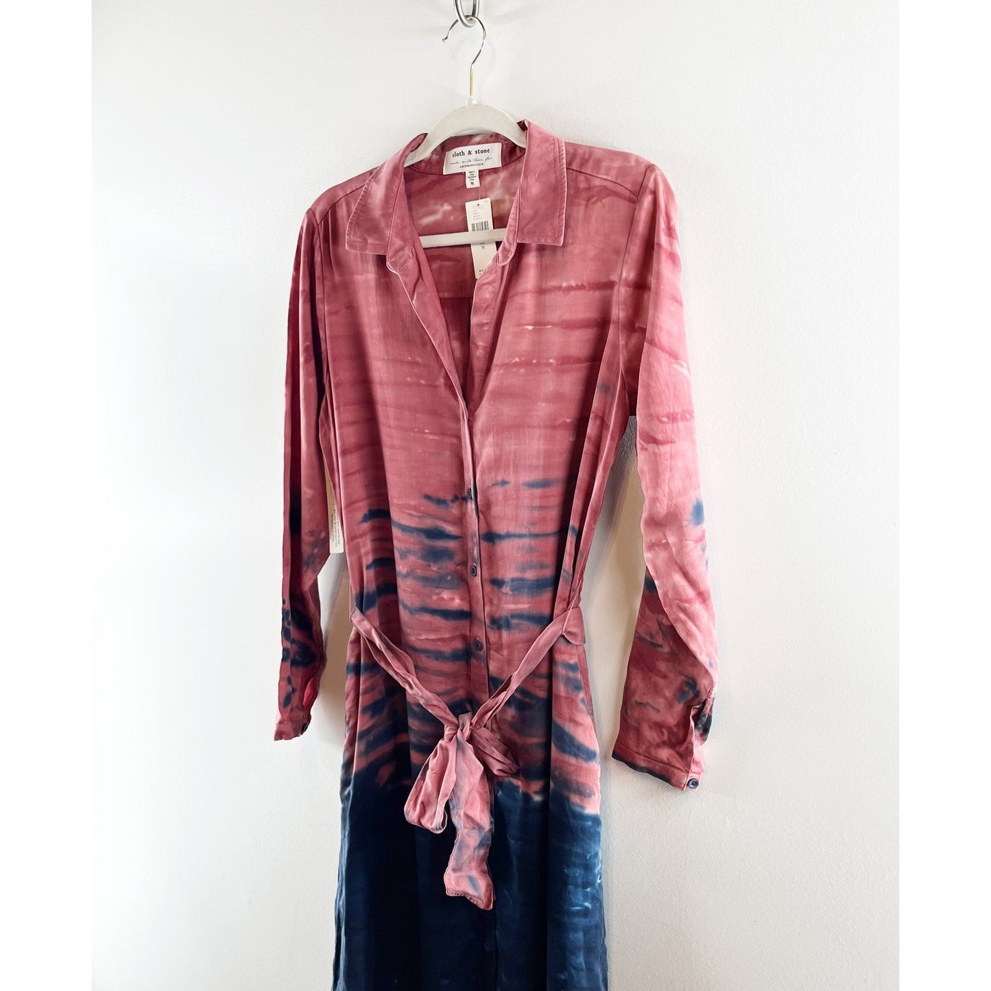 Cloth & Stone Claudia Tie Dye Long Sleeve Maxi Shirtdress Red Blue Medium